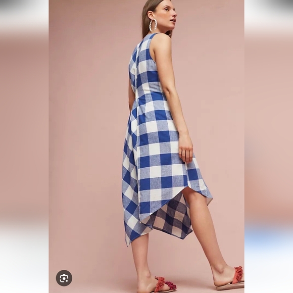 Anthropologie Maeve Belted  Gingham check Cotton Linen Asymmetrical Dress Lg EUC - Picture 3 of 12